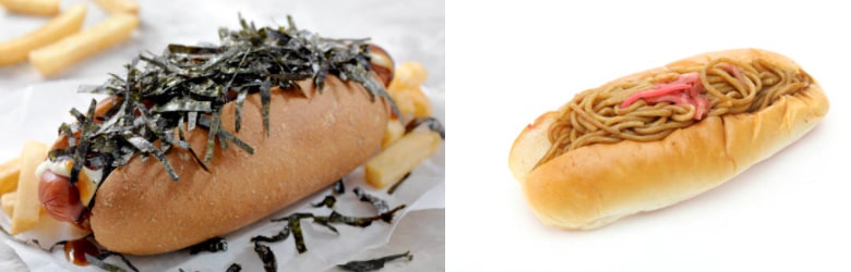 Other interpretations of Hot Dog in Japan, left with nori leaves and right with yakisoba