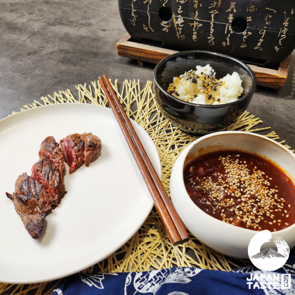 Japanese recipe yakiniku sauce with red meat cooked on the barbecue