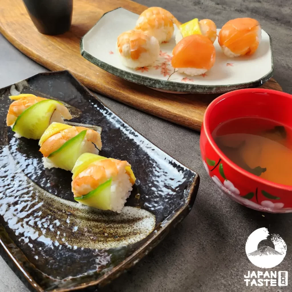 Japanese tanuza sushi recipe, beautiful festive sushi with miso soup and temari sushi