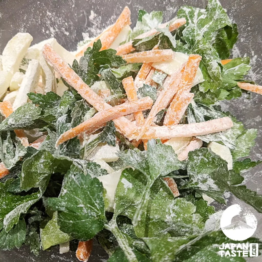 Japanese recipe kakiage, vegetable tempura mix